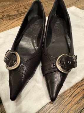 Dior Black Pointed Leather Flats with Antique Silver Buckles